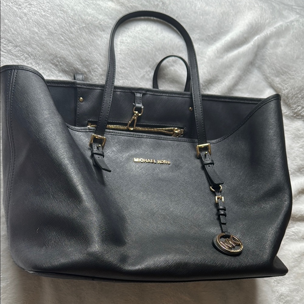 Michael Kors Black Leather Tote with Gold Accents